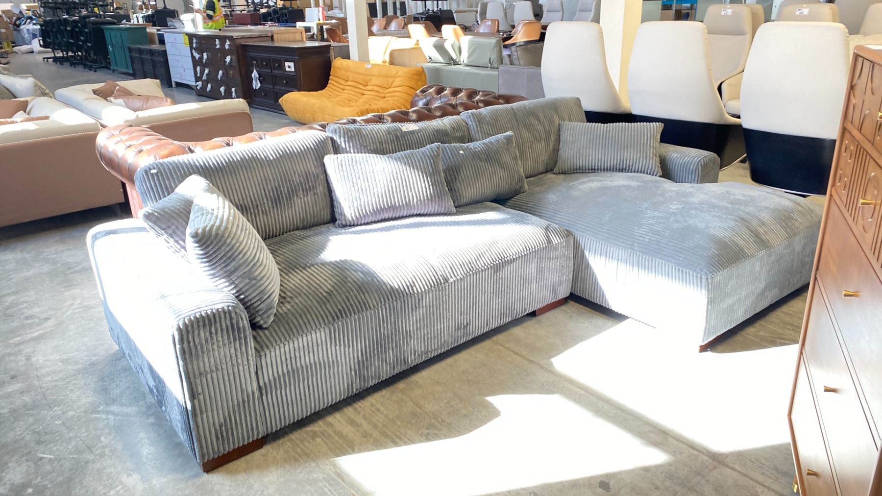 Retro Ribbed Couch GRAY/BLUE RIBBED FABRIC CORNER COUCH WITH MATCHING PILLOWS (111