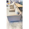 Image 2 : 2 BEIGE WICKER STYLE PATIO SWIVEL CHAIRS WITH GREY CUSHIONS
