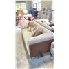 Image 2 : 2 SEAT BROWN/BEIGE VINYL COUCH WITH MATCHING PILLOWS (86"W 38"D 28"H)