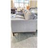 Image 2 : GREY 2 SEAT COUCH WITH DARK BROWN WOODEN ACCENTS (59.5"W 34.5"D 33"H)