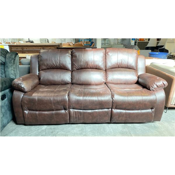 DARK BROWN LEATHER 3 SEAT RECLINER COUCH (82"W 34"D 38"H)