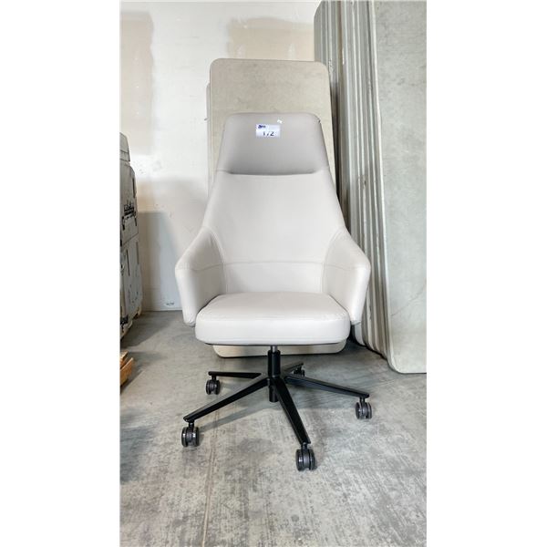 KASURA WHITE LEATHER MOBILE OFFICE CHAIR WITH HEADREST AND BLACK WOODEN ACCENTS