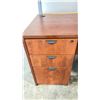 Image 2 : CHERRY WOODEN CORNER RECEPTION DESK WITH BUILT IN 3 DRAWER CABINET AND TRANSLUCENT GLASS PANELS