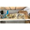 Image 1 : RESIN EDGE WALL MOUNT SHELF/TABLE (NO HARDWARE) D19" X W85" X H2", TEAL CHAIR AND STACK OF BOXES