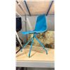 Image 2 : RESIN EDGE WALL MOUNT SHELF/TABLE (NO HARDWARE) D19" X W85" X H2", TEAL CHAIR AND STACK OF BOXES