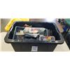 Image 1 : STORAGE TOTE FULL OF ASSORTED SHOP TOOLS, SUPPLIES, BITS AND MORE
