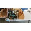 Image 1 : LOT OF ELECTRIC HEDGE TRIMMER, SKILLSAW, WOODEN TOOL CARRIER AND PICK UP TOOL
