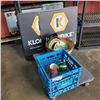 Image 1 : 2 METAL SIGNS, BUCKET OF METAL PLATES AND CRATE OF BEER GLASSES
