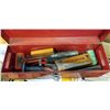 Image 2 : RED TOOL BOX WITH KNIFE SHARPENING STONES, HAMMERS AND MORE