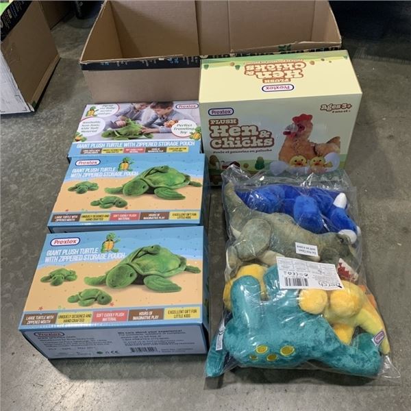 HEN WITH CHICKS, DINOSAURS AND TURTLE PLUSH ANIMALS