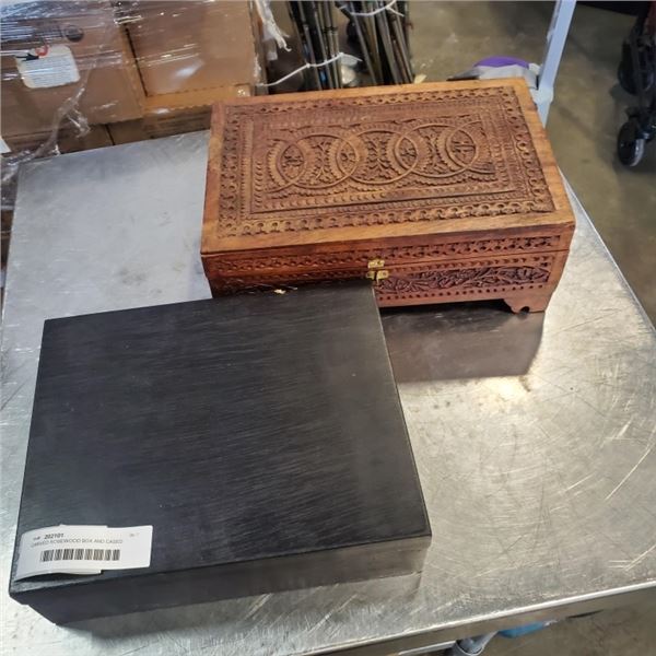 CARVED ROSEWOOD BOX AND CASED WINE SET