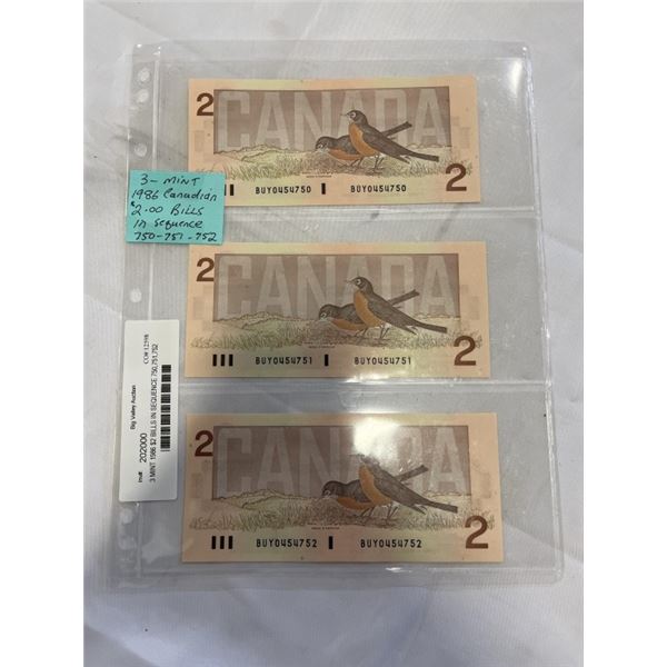 3 MINT 1986 $2 BILLS IN SEQUENCE 750,751,752