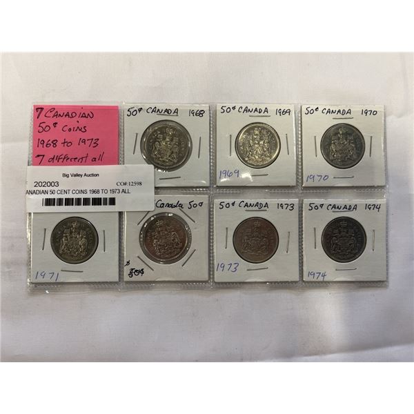 7 CANADIAN 50 CENT COINS 1968 TO 1973 ALL DIFFERENT OVER 50 YRS OLD