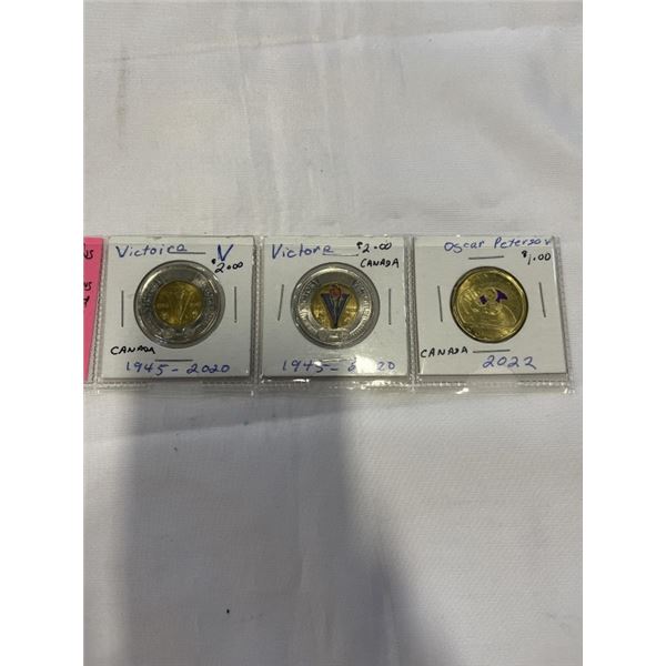 3 CANADIAN COINS; 2 - 2020 VICTORY COLOURED AND NON COLOURED, 1 OSCAR PETERSON COLOURED COIN