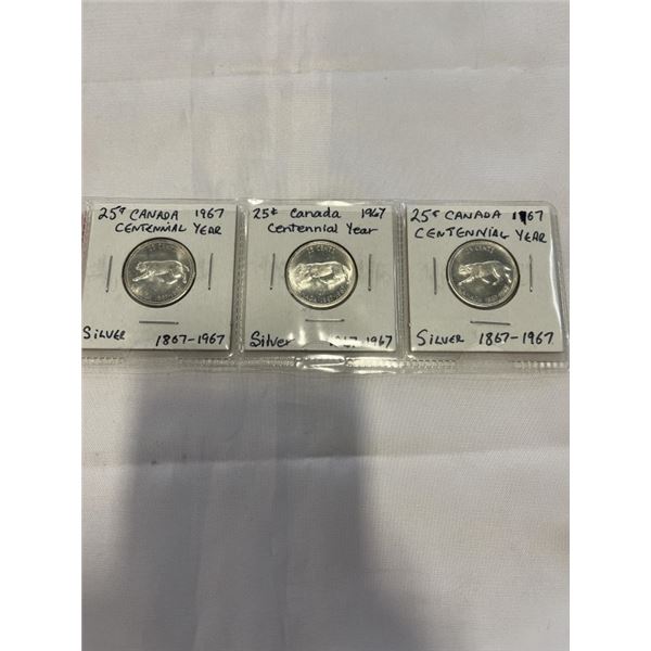 3 CANADIAN SILVER 1967 "BOBCAT" CENTENNIAL COINS, MINT CONDITION