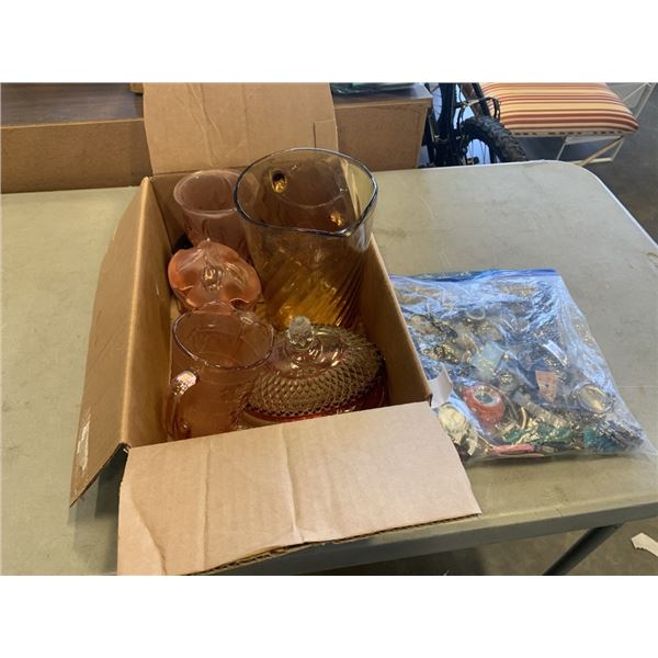 BAG OF VARIOUS WATCHES AND BOX OF COLLECTIBLE COLORED GLASS