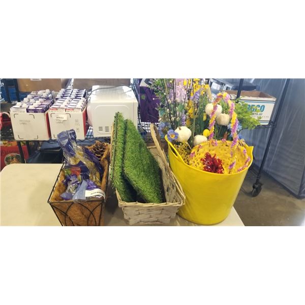 PLASTIC TUB WITH ARTIFICIAL GREENERY, LONG PLANTERS, BASKET AND MORE