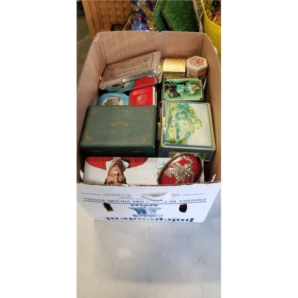 BOX OF VINTAGE TINS, BINS AND JEWELRY BOXES