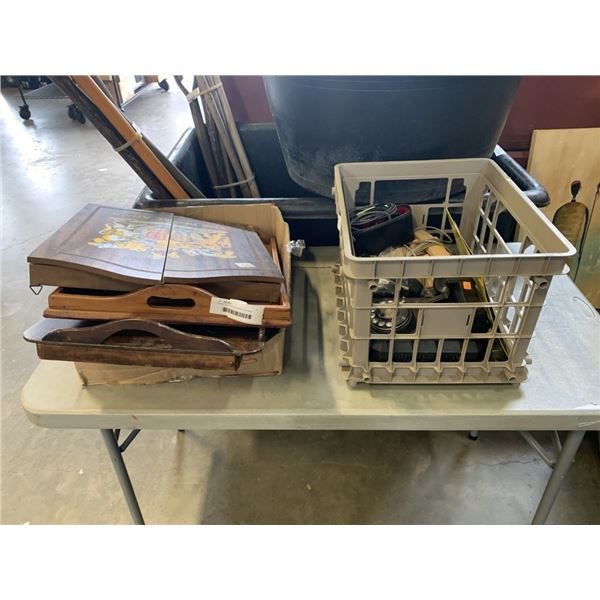 CRATE OF VINTAGE ROTARY PHONES, IRON, SERVING TRAYS AND MORE