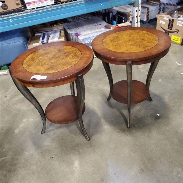 2 MODERN ROUND ENDTABLES WITH HEAVY METAL LEGS
