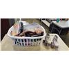 Image 1 : ASSORTED HOUSEHOLD ITEMS IN LAUNDRY BASKET, INCLUDIONG NEW IPAD CASES, ROLLERBLADES, DVDS, SERVING T