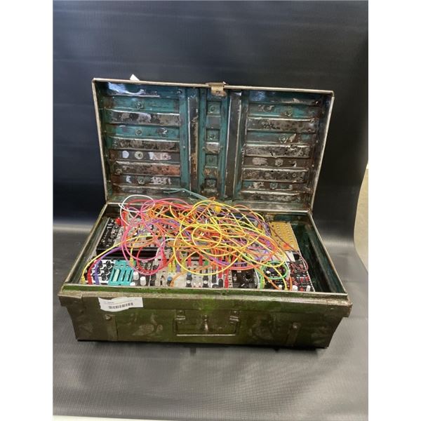 CUSTOM MODULAR SYNTHESIZER IN VINTAGE METAL TRUNK WITH PATCH CORDS, see main description for details