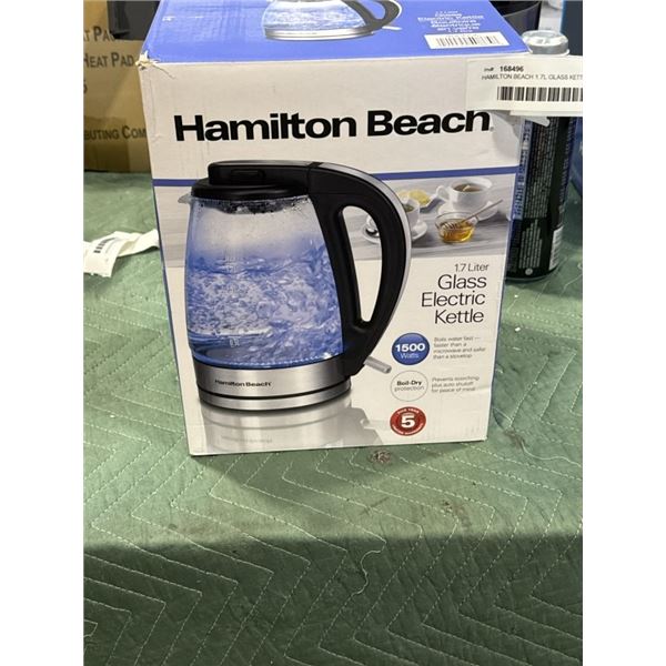 HAMILTON BEACH 1.7L GLASS KETTLE - TESTED WORKING, RETAIL $59