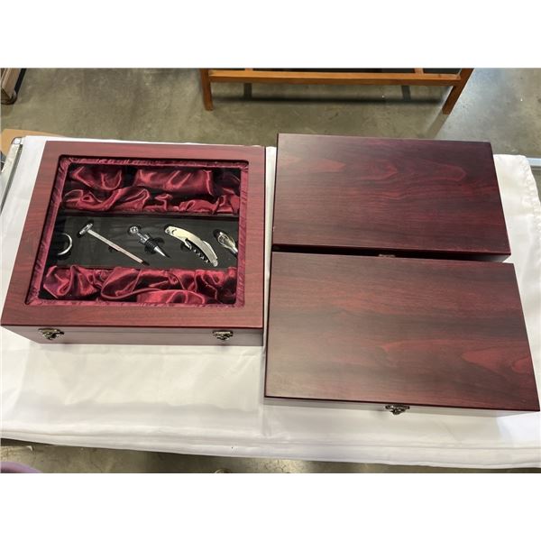 3 BRAND NEW WINE GIFT BOXES - (2) 2 BOTTLE WINE HOLDER W/ CORKSCREW, BOTTLE STOPPER, POURER, THERMOM