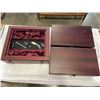 Image 1 : 3 BRAND NEW WINE GIFT BOXES - (2) 2 BOTTLE WINE HOLDER W/ CORKSCREW, BOTTLE STOPPER, POURER, THERMOM