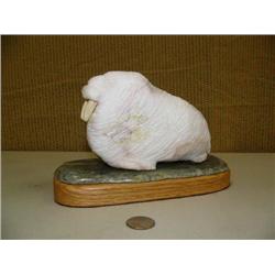 6" soapstone walrus by Michael Scott mounted on wood base done in 1991 (2)