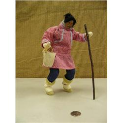 Wood faced doll, signed, 10" gathering (2)