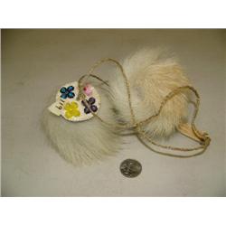 Pair of polar bear fur Eskimo yo-yos with bead work and sinew line and ivory handle (2)