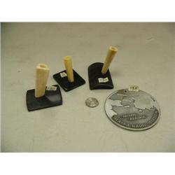 Lot of 4: 3 ivory and baleen flower vases and a Nome, AK "AK radio mission" aluminum plaque (2)