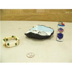 Lot of: ivory and jade bracelet, beaded lighter case and hand painted bear bread (229)