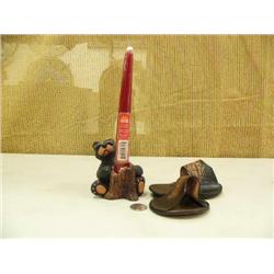 Bear candle stick and 2 leather items (229)