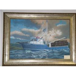 Original oil on canvas by Ed Tussey of Kodiak crabber F/V New Venture - framed size 24"x 36" - signe