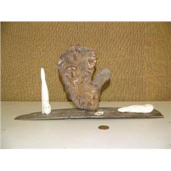 15" scene with king Island ivory spirit man, relief carving in mammoth bone of bears, sheep, eagles,