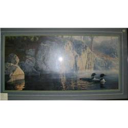 Double matted and frame, signed and numbered print " Morning Loons" by Daniel Smith, frame size 25"x