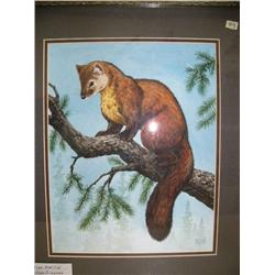 Original watercolor by Roland Dingman " Pine Martin" double matted and framed - image size 13.5"x11"