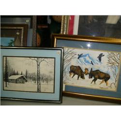 Lot of 2: Print "Confrontation" by Diane Drashmer, double matted and framed, some warpage to print -