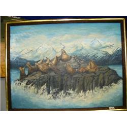 Original oil, 12"x16", on canvas board of seals on haul out, by Julie McIntyre (229)