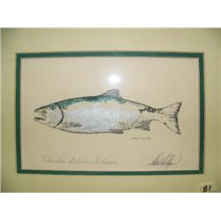 Signed and numbered, double matted by Steve Hillyer " AK silver salmon" framed size 9.5"x12" (229)