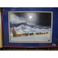 Dog team water color, matted and framed, frame size 10.5"x14" (229)