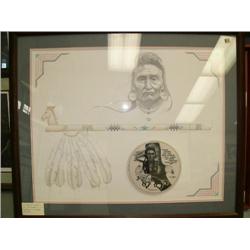 Double matted an framed print, signed "Chief Joseph" by Guzman with plaque "From where the sun now s