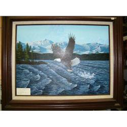 Original oil on canvas, framed "Eagle catching salmon" by Sally J. image size 18"x24" (229)