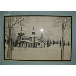 Framed and matted print of church (229)