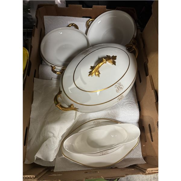 Vintage Lamo, gilded serving dishes, gravy boat has chip