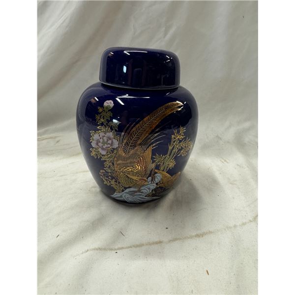 Vintage OTAGIRI Style Cobalt Blue Vase Ginger Jar with Flowers and Birds JAPAN 80s