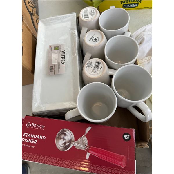Mugs, serving plates and ice cream scoop