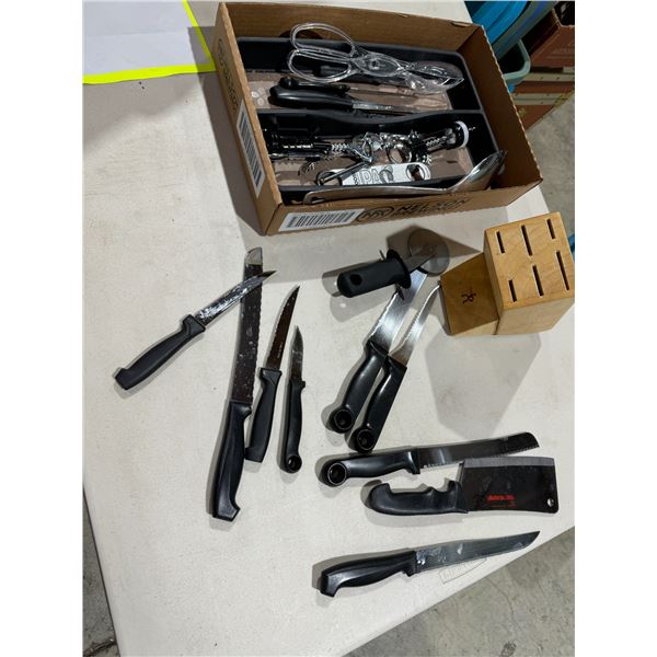 Assorted knives and kitchen items